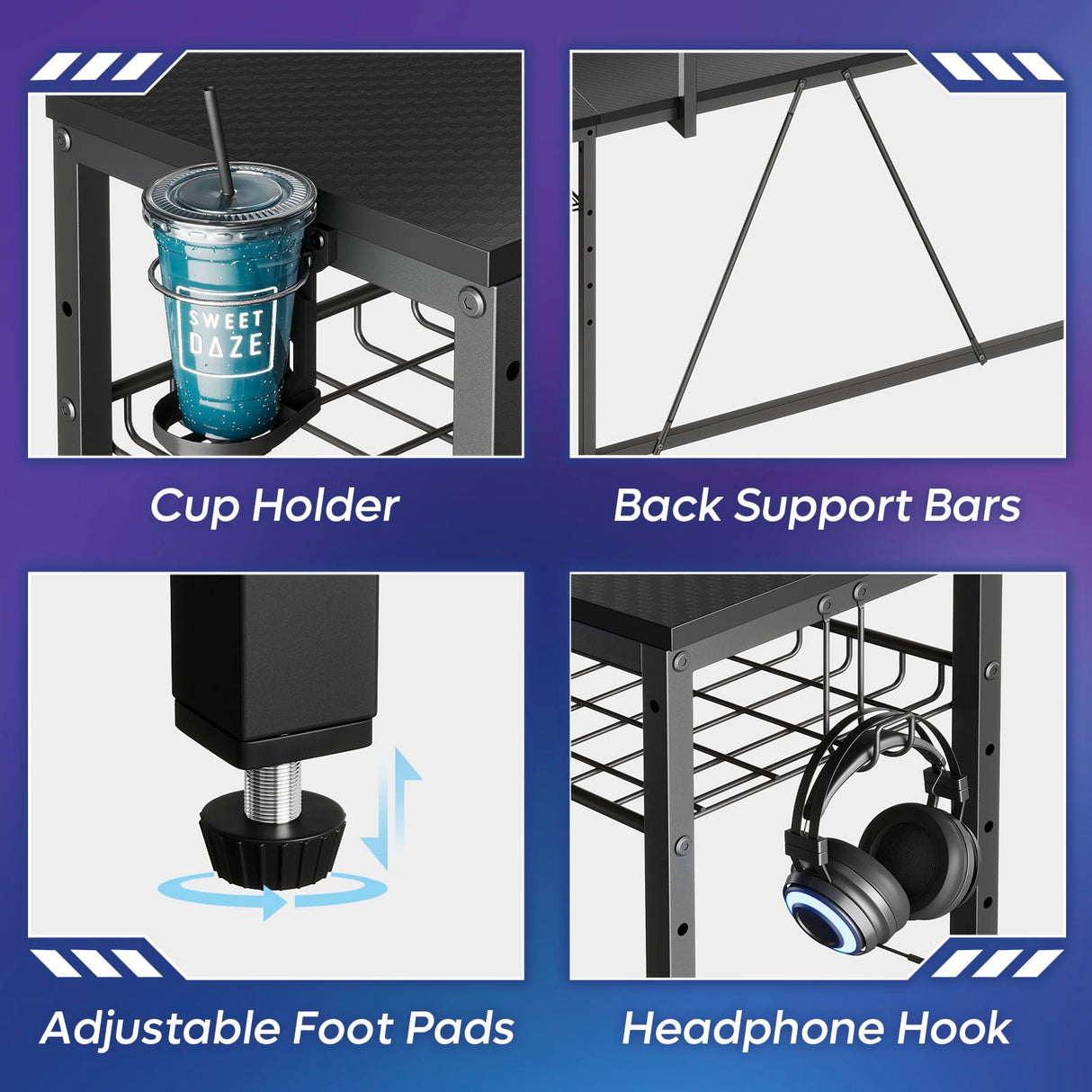 Bestier Gaming Desk with LED Lights & Power Outlets, 63 inch U Shaped Computer Desk with Monitor Stand & Storage Shelves, PC Desk with Cup Holder & Hook for Home Office, Black 3D Carbon Fiber Bestier