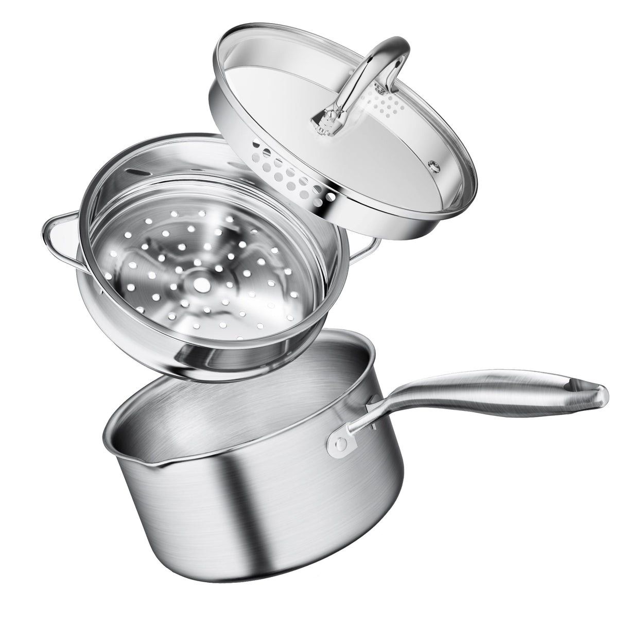 Leetaltree 2.5 Quart Stainless Steel Saucepan with Steamer Basket, Tri-ply Construction, Versatile Sauce Pan with Double-sized Drainage Lid - Perfect for Cooking Gravies, Pasta, Vegetable and More Leetaltree