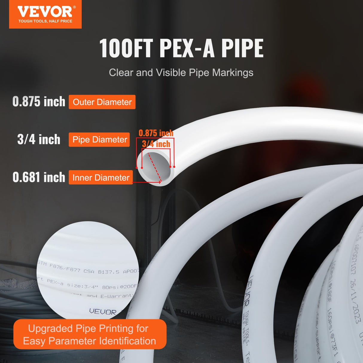 VEVOR PEX Pipe 3/4 Inch, 100 Feet Non-Oxygen Barrier PEX-A Flexible Pipe Tubing for Potable Water, for Hot/Cold Water & Easily Restore, Plumbing Applications with Free Cutter,White VEVOR