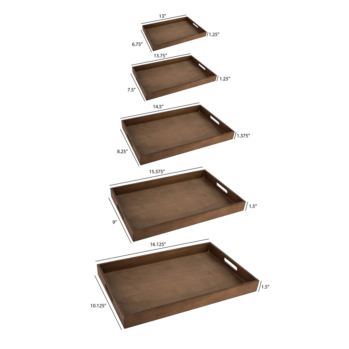 Dark Wood Serving Tray with Handles - Five Piece Nested Breakfast Tray - Wood Crafts Trays for Organizing | Bathroom Tray - Food Trays for Party Buffet Montessori Wooden Trays for Serving & Catering Hammont