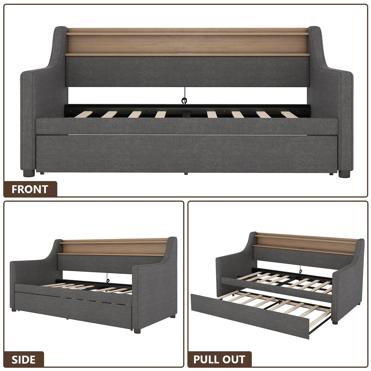 Twin Upholstered Daybed & Roll-Out Trundle, Linen Frame with LED Light, Built-in Charging Station, Storage Headboard & Rolling Guest Bed for Living Room Bedroom Guest Room, Gray Lyngins