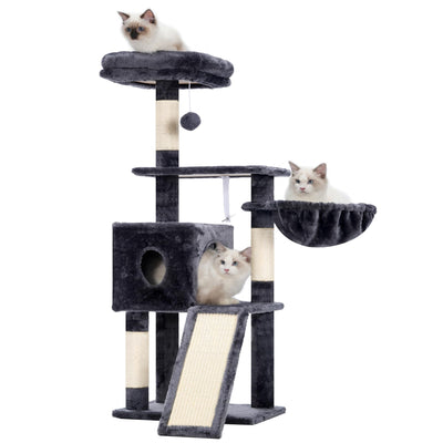 Hey-brother Cat Tree, 42.5-Inches Cat Tower for Indoor Cats, Plush Multi-Level Kitten Cat Condo with Scratching Post, Ramp, Basket, Spacious Cat Cave, Hanging Ball, Smoky Gray MPJ007SG
