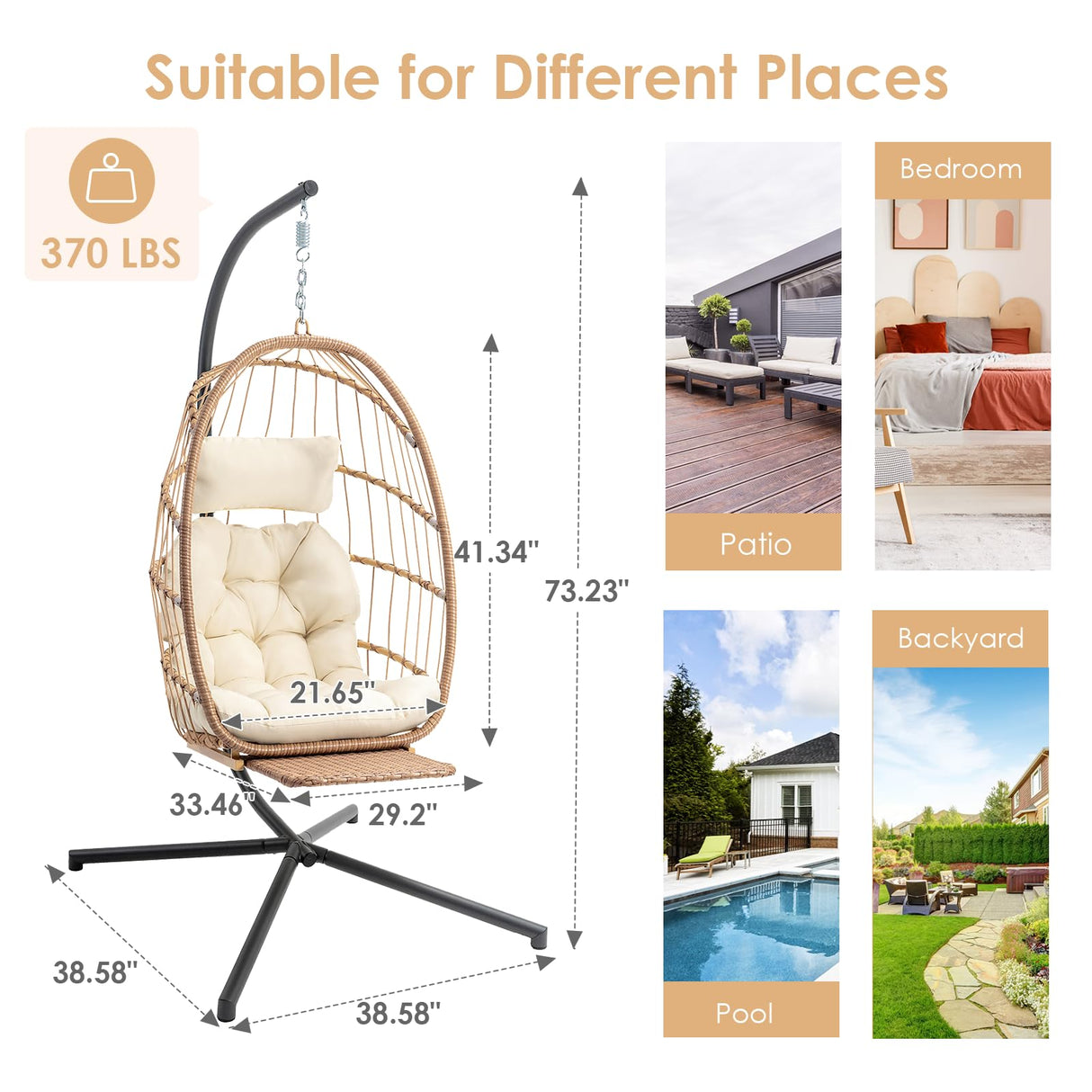 Brafab Hanging Egg Chair with Stand and Footrest, Wicker Egg Swing Chair Indoor Outdoor Aluminum-Steel Frame and UV Resistant Cushion, Patio Lounge Hammock Chairs for Bedroom 370LBS Capacity, Begie Brafab