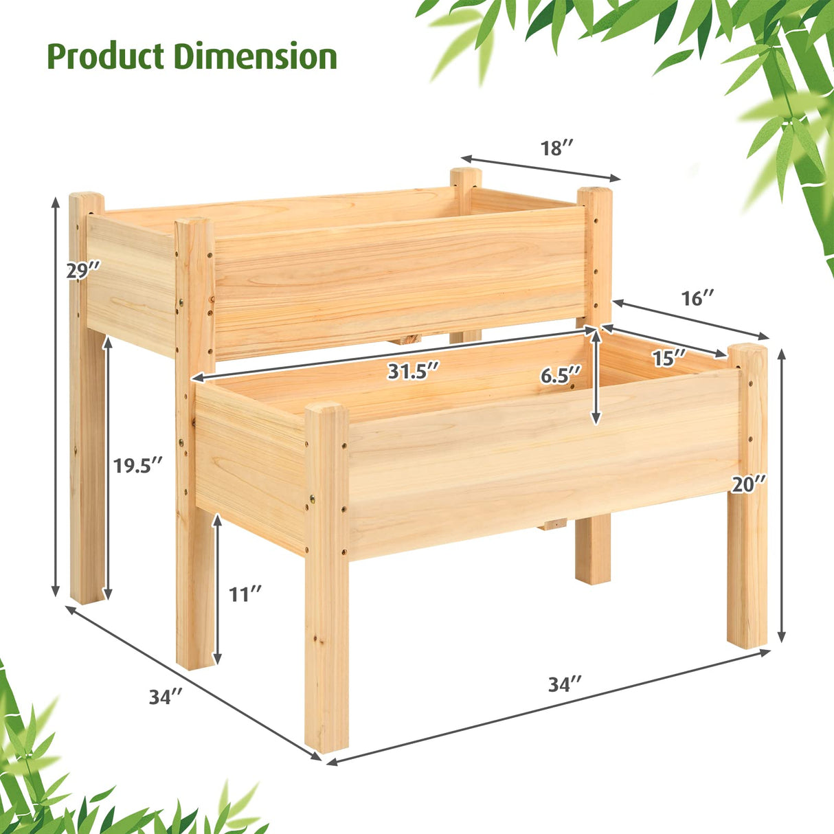 RELAX4LIFE 2-Tier Raised Garden Bed - Fir Wood Garden Elevated Planter Box with Legs, 8 Drainage Holes,220 Capacity for Growing Vegetable, Elevated Garden Bed for Outdoor Yard Patio Balcony (Natural) RELAX4LIFE