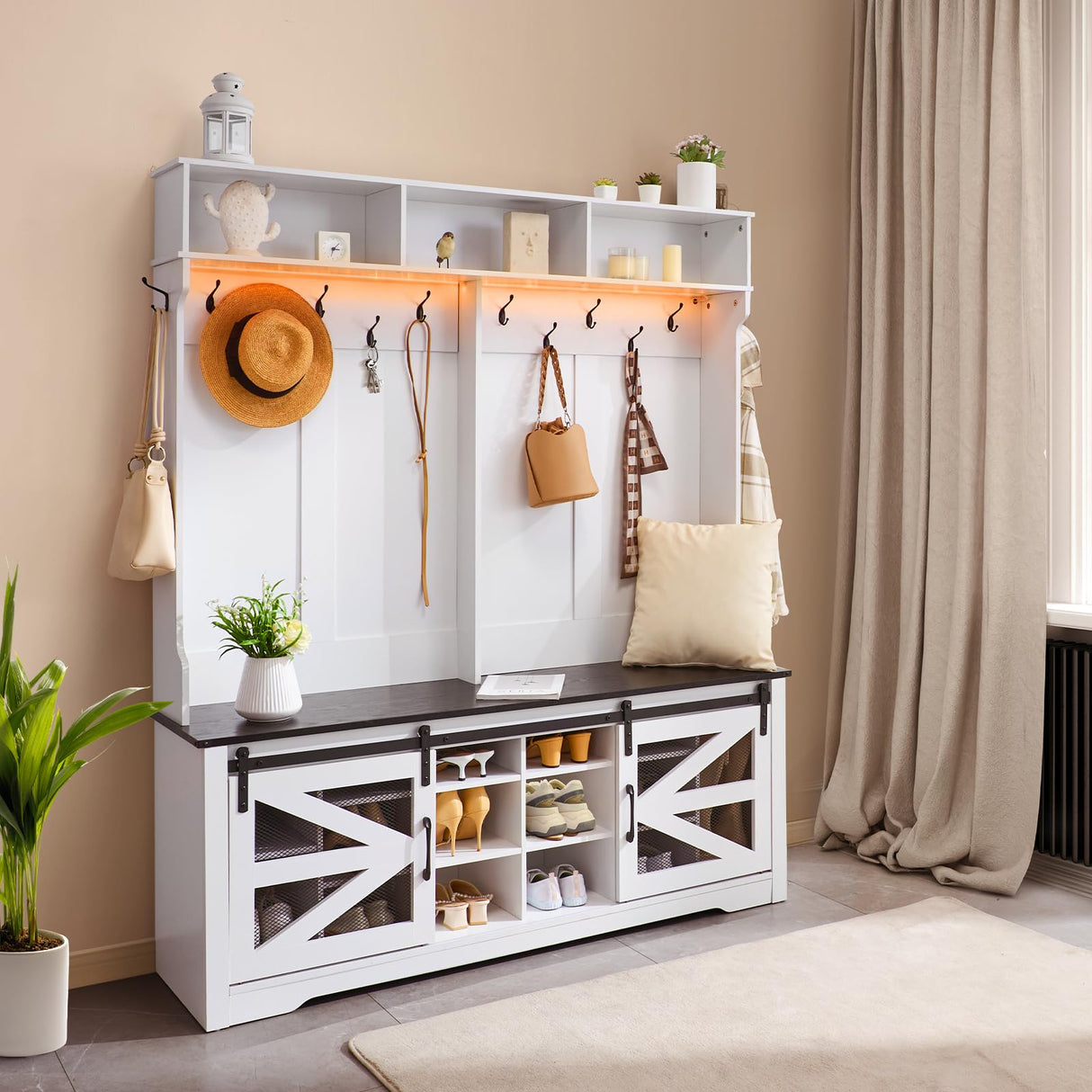 VEVOR Hall Tree Entryway Bench, LED Coat Rack with Shoe Storage, 59" Wide Mudroom Bench with Storage and Seating, Adjustable Shelves and 12 Hanging Hooks, for Mudroom, Entryway, Hallway VEVOR