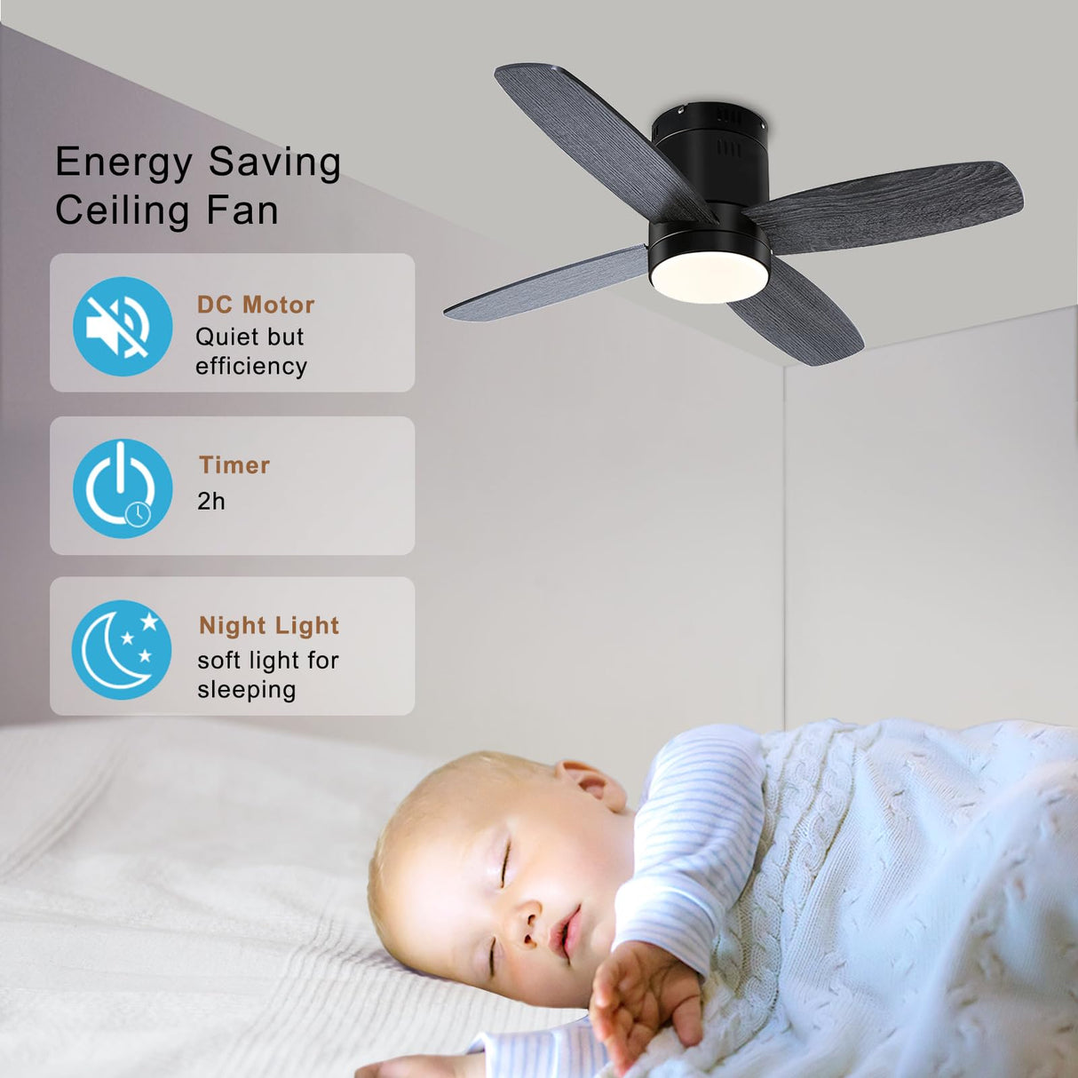 Ohniyou Ceiling Fan with Lights - 38'' Small Flush Mount Ceiling Fans Remote & APP Control - Dimmable Indoor Outdoor Quiet DC Low Profile Ceiling Fan for Patio Kitchen Bedroom(Black) Ohniyou