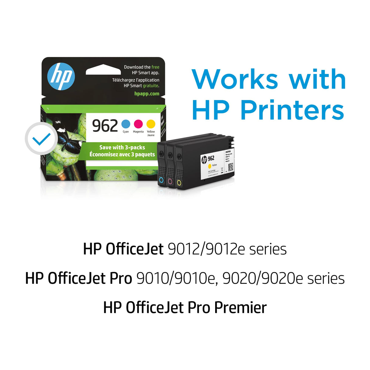 HP 962 Cyan, Magenta, Yellow Ink Cartridges (3-pack) | Works with OfficeJet 9010 Series,OfficeJet Pro 9010, 9020 Series | Eligible for Instant Ink | 3YP00AN HP
