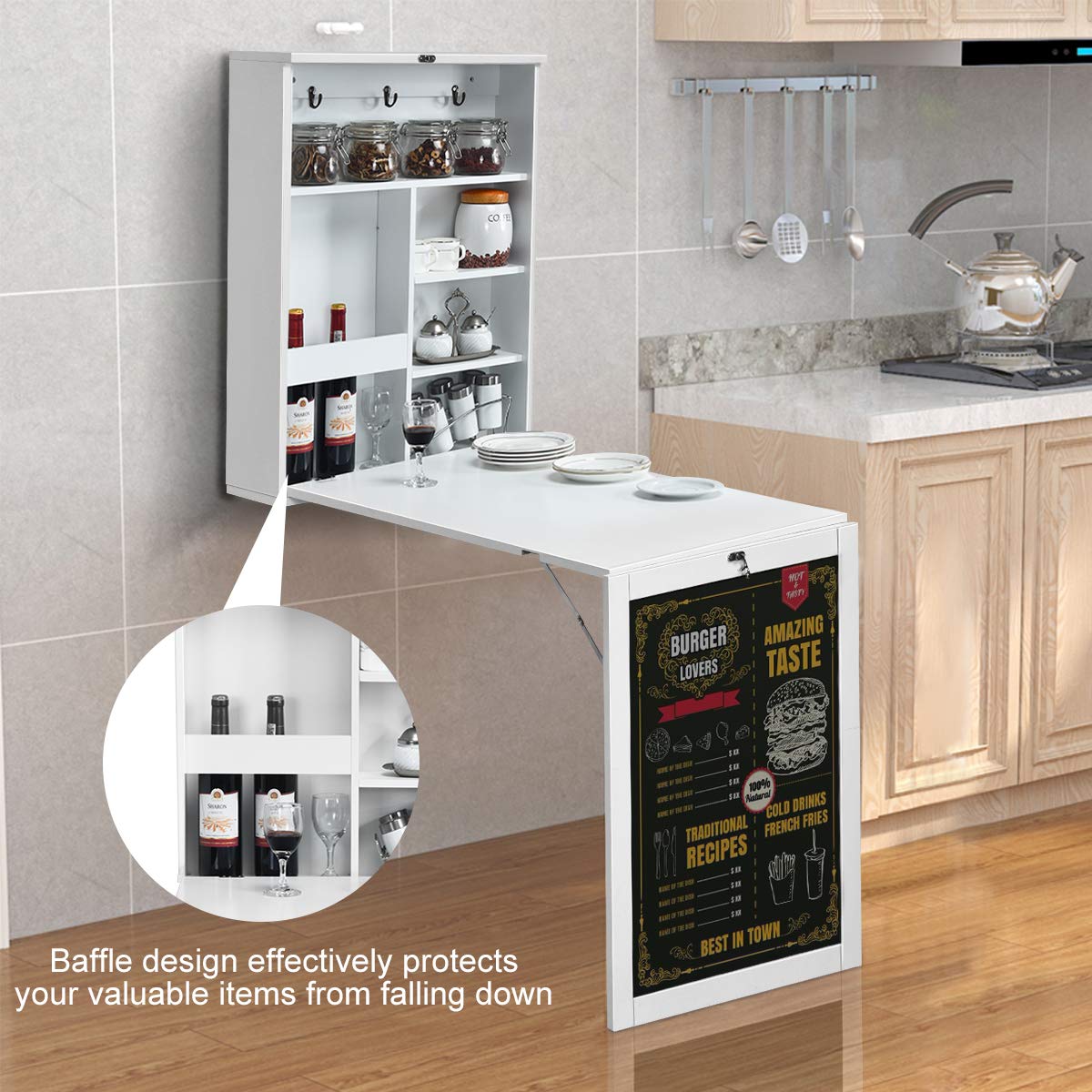 IFANNY Folding Wall Desk, Wall Mounted Fold Out Desk with Storage Shelves & Hooks, Hideaway Desk Wall Mount with Chalkboard, Floating Corner Desk for Small Spaces (White) IFANNY