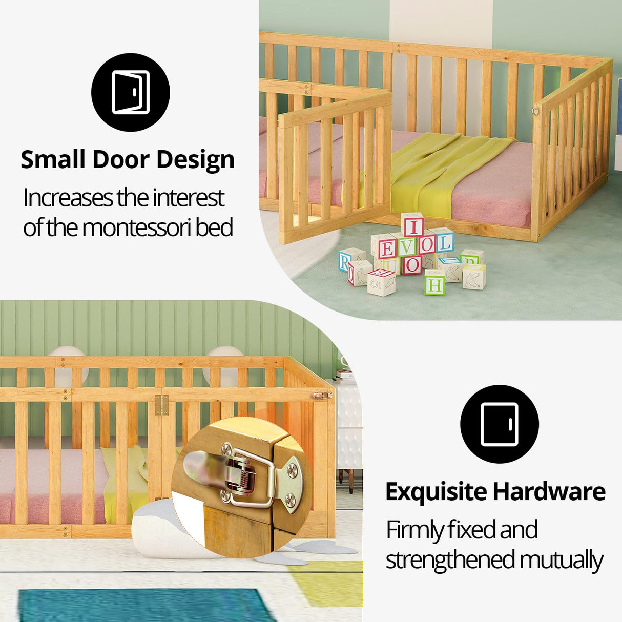 Solid Wood Montessori Floor Bed with Fun Door and Safety Guardrails for Kids LLS