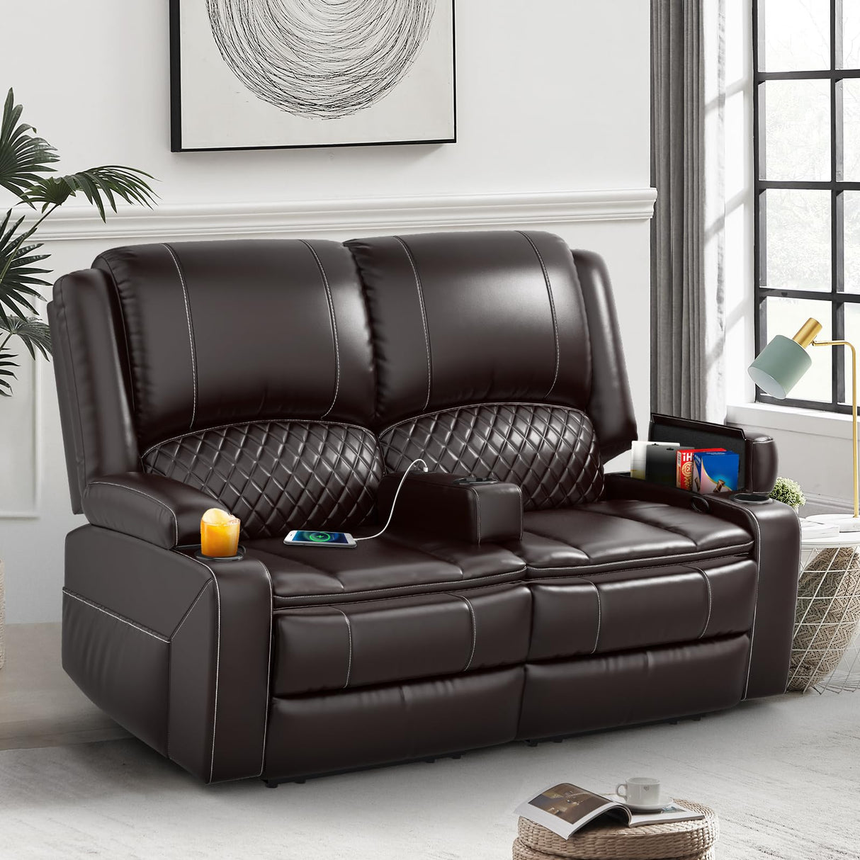 Yolsali Loveseat Recliner Sofa, Manual Reclining Loveseat with Removable Armrest, Faux Leather Recliner Loveseat for Adults with 2-Tier Cushions, USB Charging Ports, Cup Holders - Brown Yolsali
