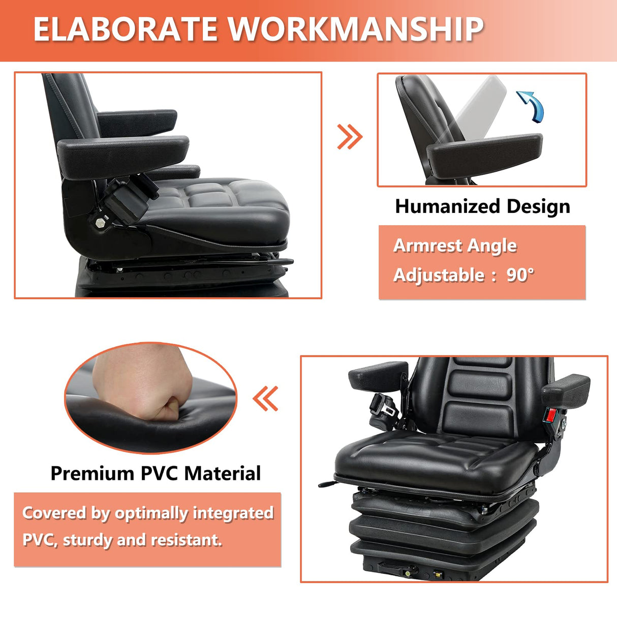 Universal Tractor Suspension Seat with Adjustable Angle Back,Armrest And Safety Belt,for Linde Forklift Tractor,Excavator Skid Loader Backhoe Dozer Telehandler TICSEA