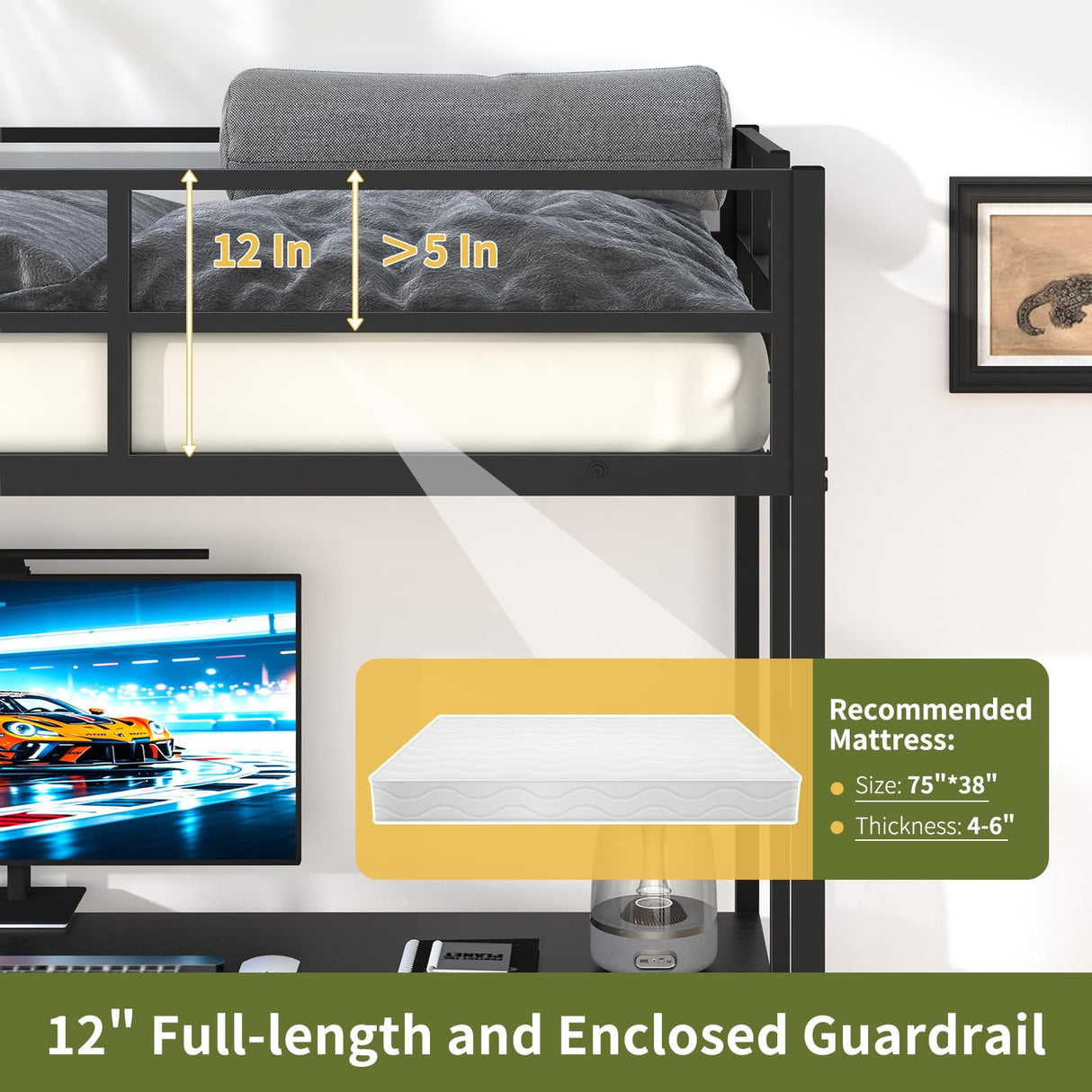 Yoobure Loft Bed Twin Size with L-Shaped Desk, LED Lights Charging Station LED Metal Twin Loft Bed Frame with 2 Storage Drawers, Safety Guard & Ladder for Kid Junior Adult, Heavy Duty, Space-Saving Yoobure