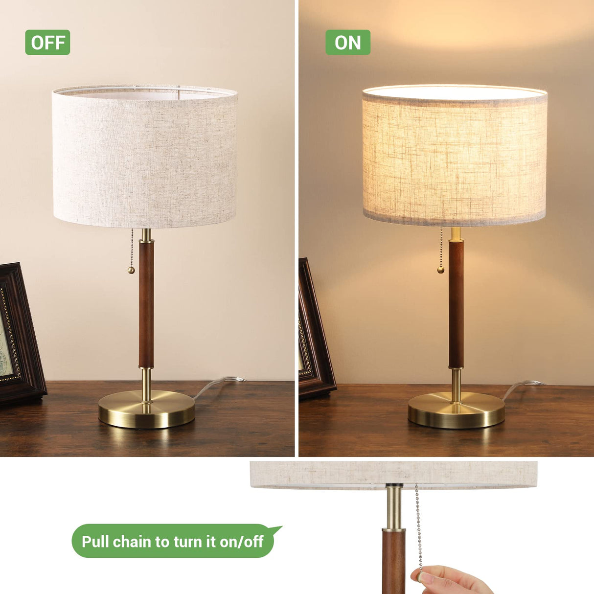 EDISHINE Mid Century Table Lamp, Bedside Lamp with Pull Chain Switch, Solid Wood & Metal Pole, Modern Nightstand Table Lamp for Living Room, Bedroom, Office, Frosted Bronze & Wood Finish EDISHINE