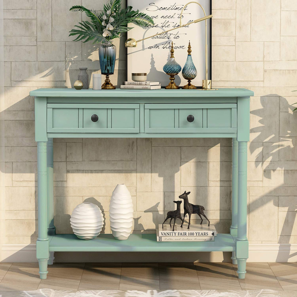 Merax Wood Farmhouse Entry Way Hallway Console Table with Drawers and Bottom Shelf Narrow Blue Merax