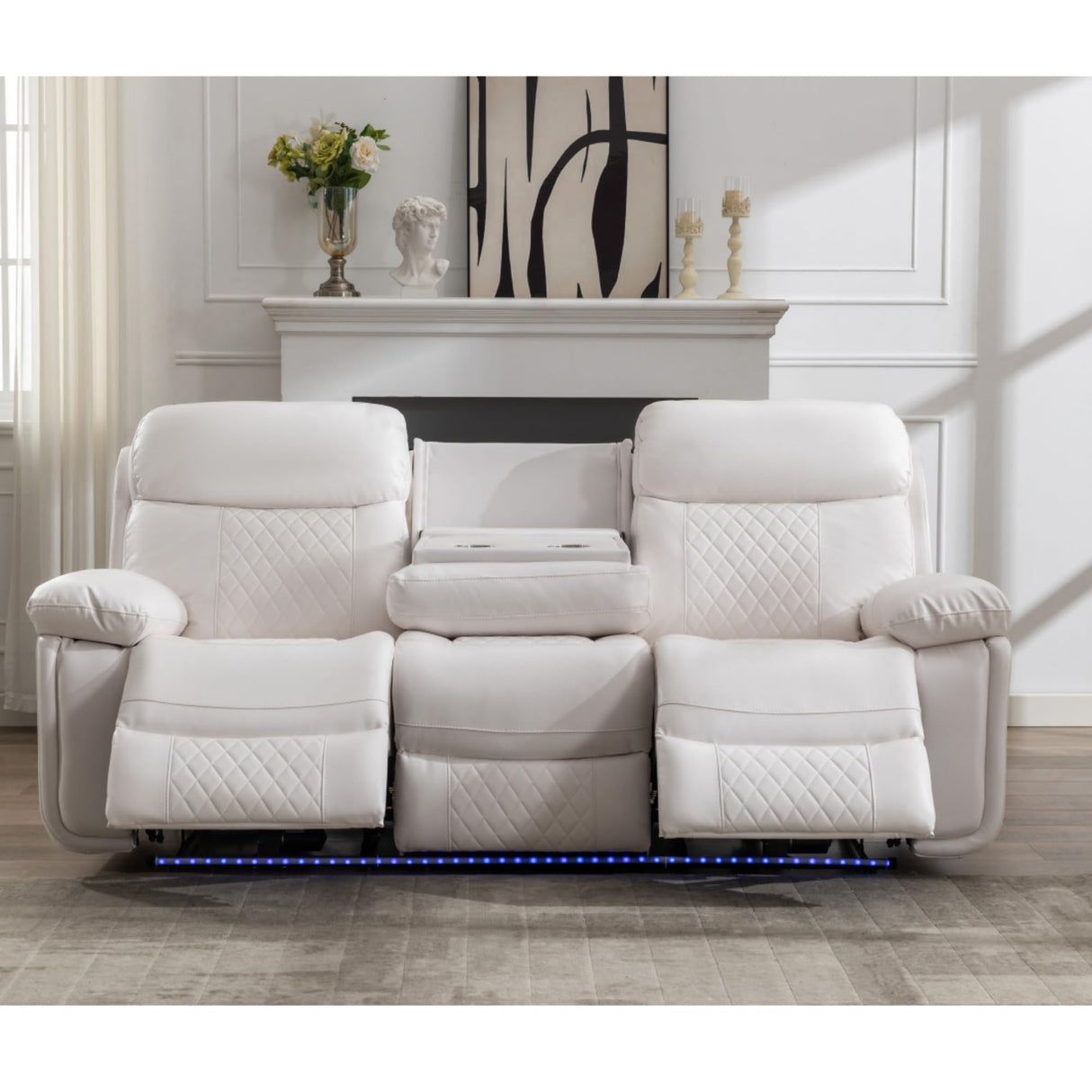 KEIKI 2-Piece Power Reclining Sofa Set with 1 Oversized Technical Leather 3-Seater Sofa & 1 Loveseat Sofa, Electric Control 5-Seater Couch Set with Cup Holder, Storage Armrest, for Living Room, White KEIKI