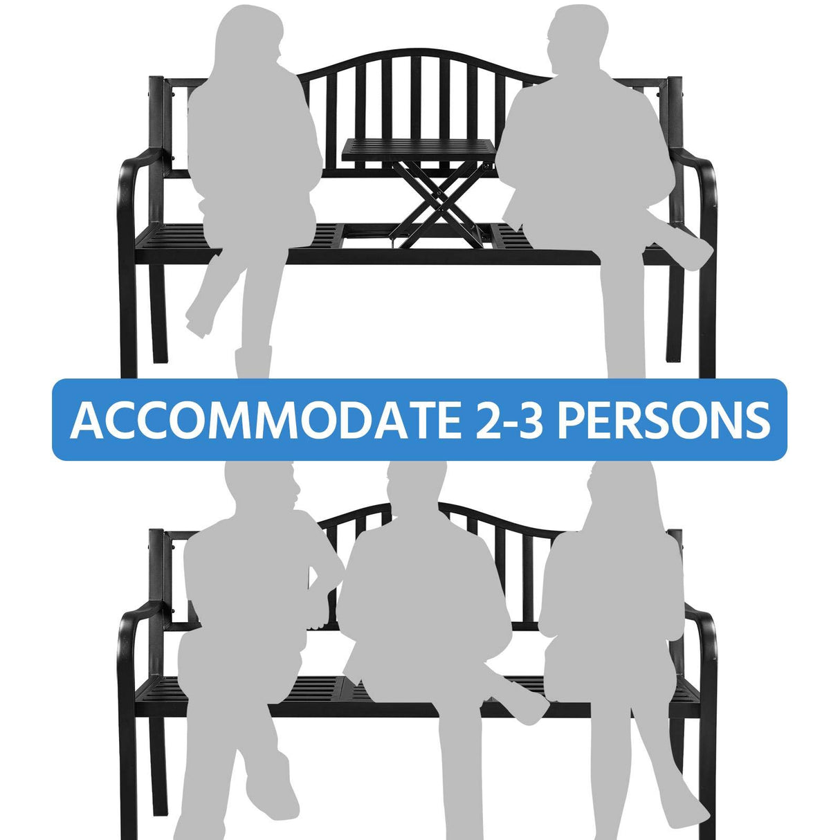 Yaheetech Outdoor Garden Bench w/Pullout Middle Table, Metal Patio Bench, Front Porch for Backyard, Weather-Resistant Frame, Patio Seating for 2-3 Person, Black Yaheetech