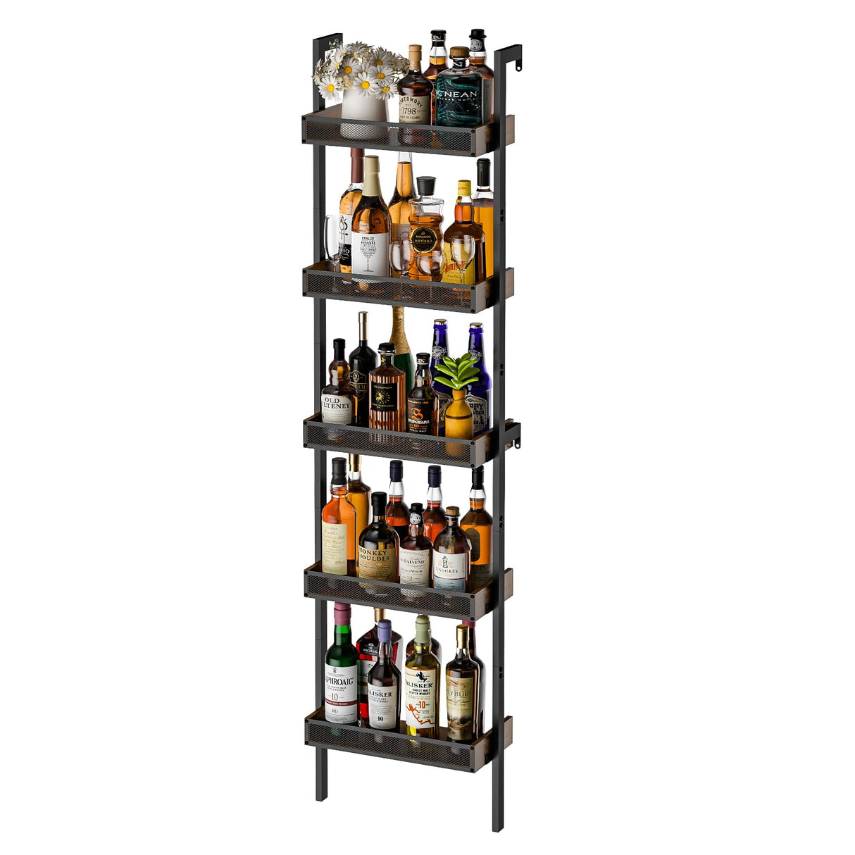 5-Tier Freestanding Wine Racks: 50 Bottles Wine Rack Shelf Wall Mounted with Fences, Wines Bottle Holder Display Shelf, Liquor Storage for Kitchen, Dining Room, Bar, Wood, 17.28''L x 7.95''W x 68.5''H Hencawima