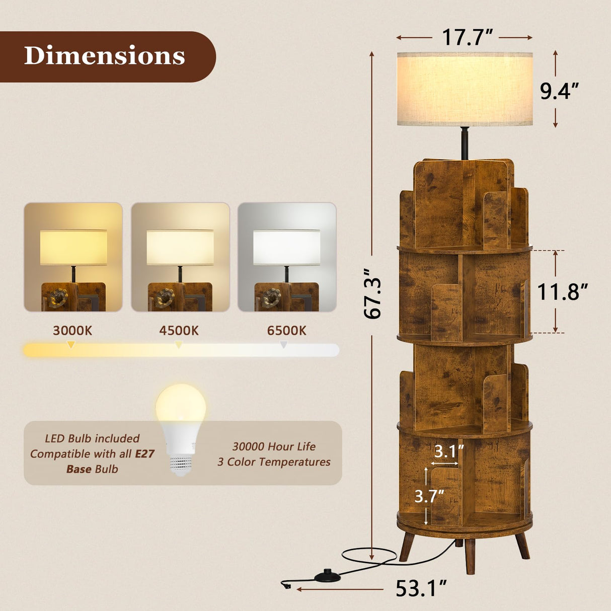 TVU 4Tire Rotating Bookshelf with Light, 360 Degree Spinning Book Shelf Tower, 4-Tier Circular Bookcase for Small Spaces, Fits Any Corner, for Study、Living Room、Bedroom、Office, Flame Finish TVU