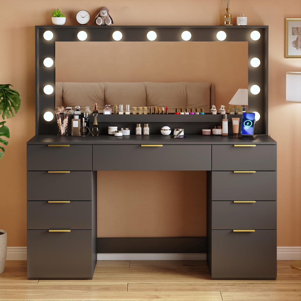ALEXNUTRE Vanity Desk with Large Mirror and Lights, 45.3in Makeup Vanity with Power Outlet 9 Drawers & Storage, 3 Lighting Color Adjustable, Black Vanity Desk for Bedroom ALEXNUTRE