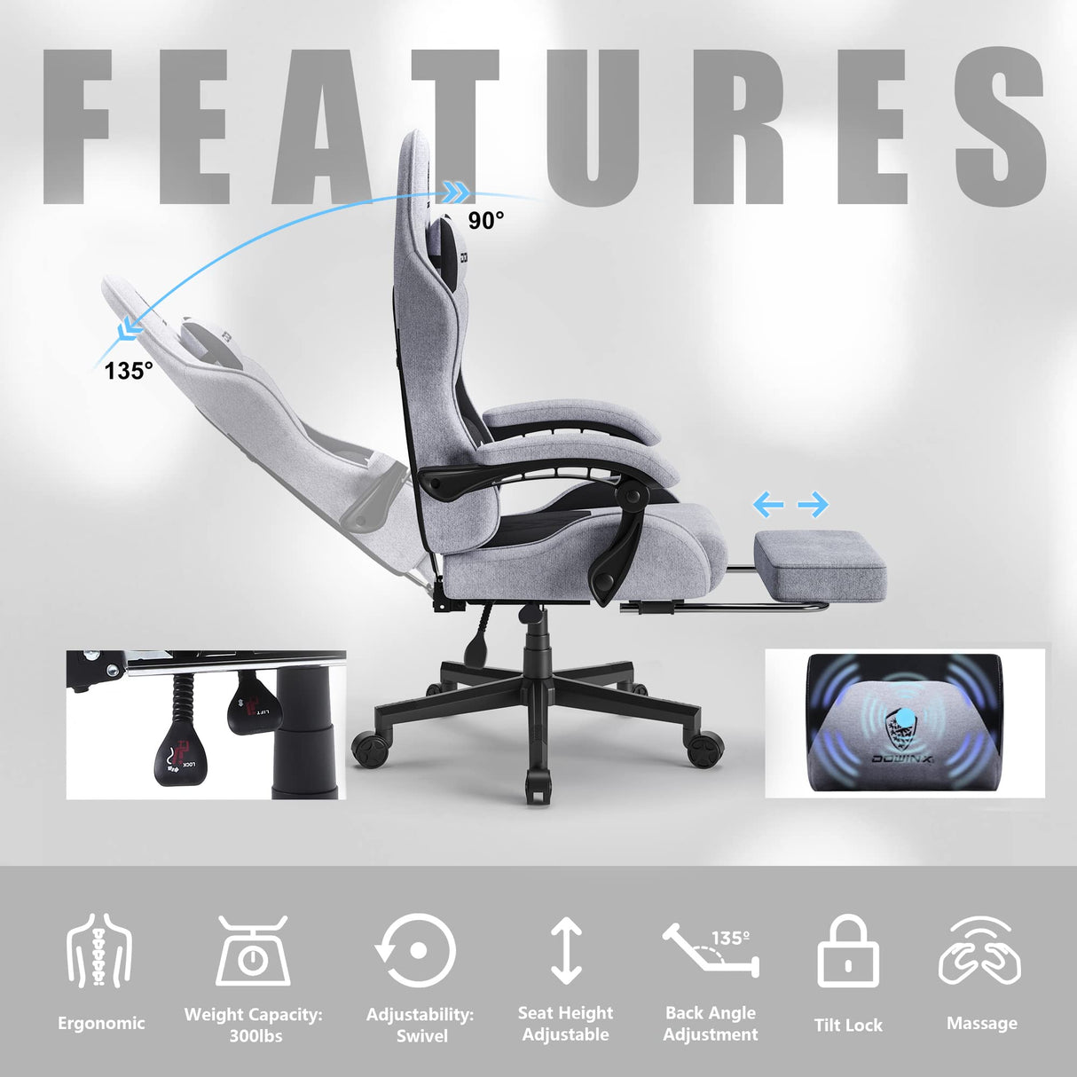 Dowinx Gaming Chair Fabric with Pocket Spring Cushion, Massage Game Chair Cloth with Headrest, Ergonomic Computer Chair with Footrest 290LBS, Black and Grey Dowinx