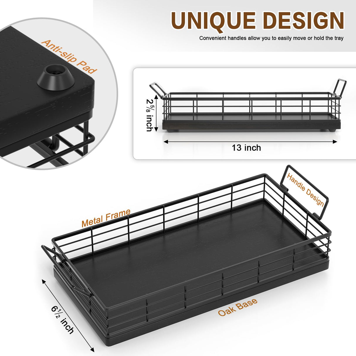 JNFUZ Toilet Paper Basket, 13 Inch Oak and Iron Tank Tray Top of Toilet Storage Toiletries Organizer for Bathroom, Living Room and Kitchen (Black) JNFUZ