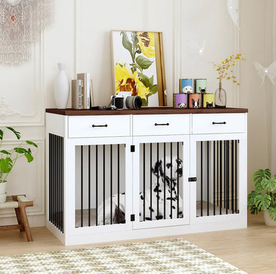 DAWNSPACES Extra Large Dog Crate Furniture with 3 Drawers, 55.3" Indoor Heavy Duty Dog Kennel House, Furniture Style Dog Crate Side End Table TV Stand for XL Large Medium Breed Dogs, White