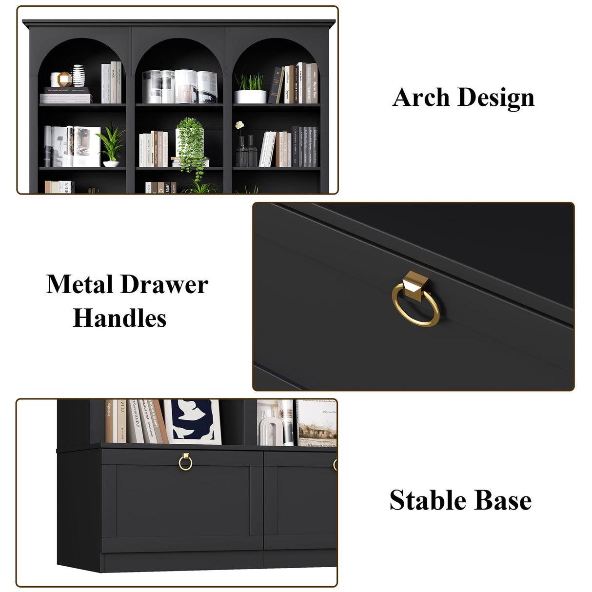71" Triple Bookshelf with Doors, 5 Tier Tall Bookshelf with Cabinet , Large Book Shelf w/ 12 Adjustable Open Display Shelves & Anti-Tipping, 63" Wide Arched Bookcase for Living Room, Study, Black Loomie