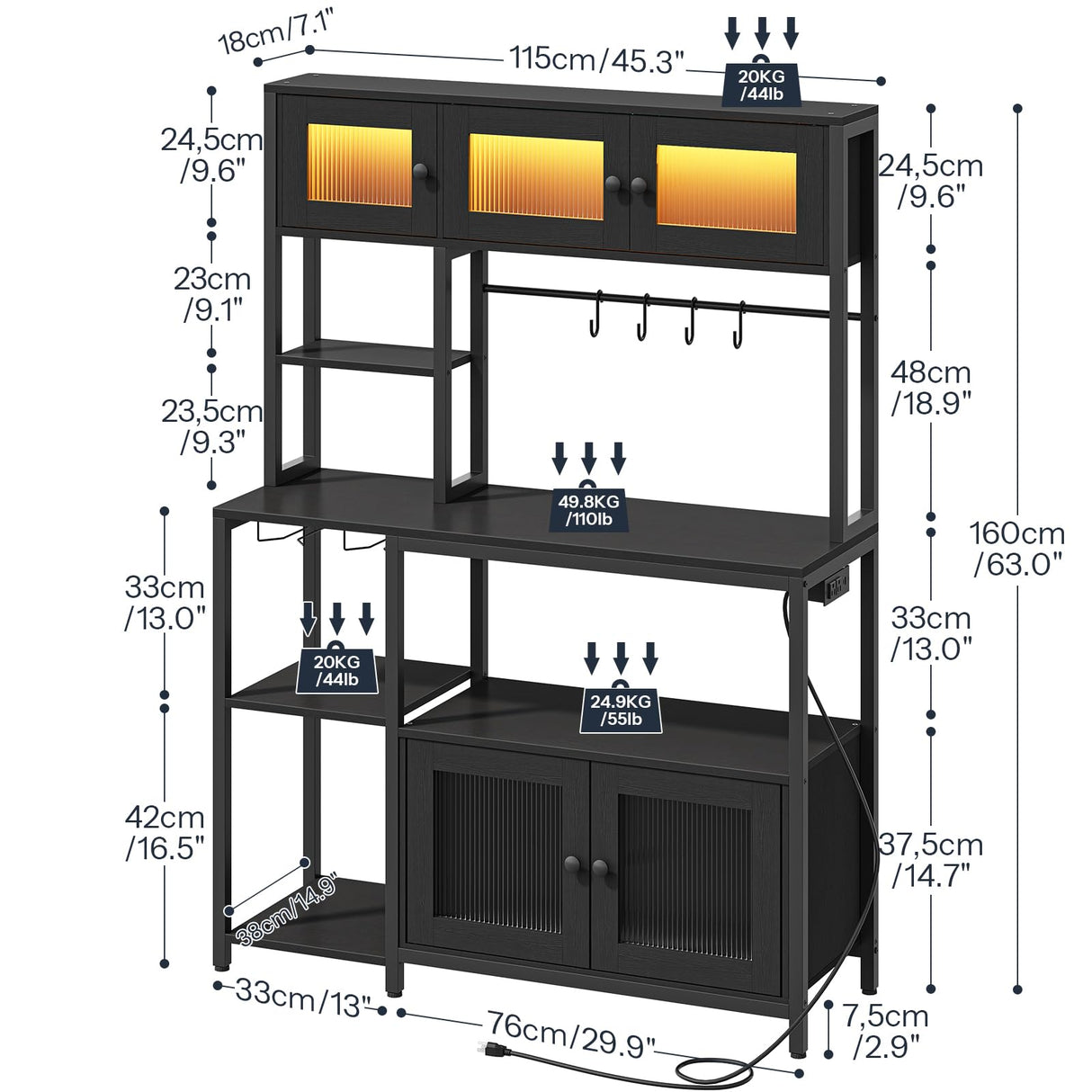HOOBRO Bakers Rack with Power Outlet and LED Light, 45.3 Inch Microwave Stand with Shelves, Coffee Bar Cabinet with Wine Rack & 4-S Hooks, Kitchen Utility Storage Shelf with Cabinet, Black BB16UDHB01 HOOBRO