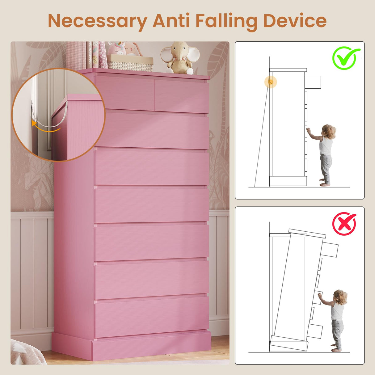 DICTAC Tall Dresser for Bedroom with 8 Drawers, 59.6" Tall Pink Dressers & Chests of Drawers, Modern Wood Closet Organizer and Storage Cabinet, Large Vertical Dresser for Bedroom, Closet, Hallway DICTAC