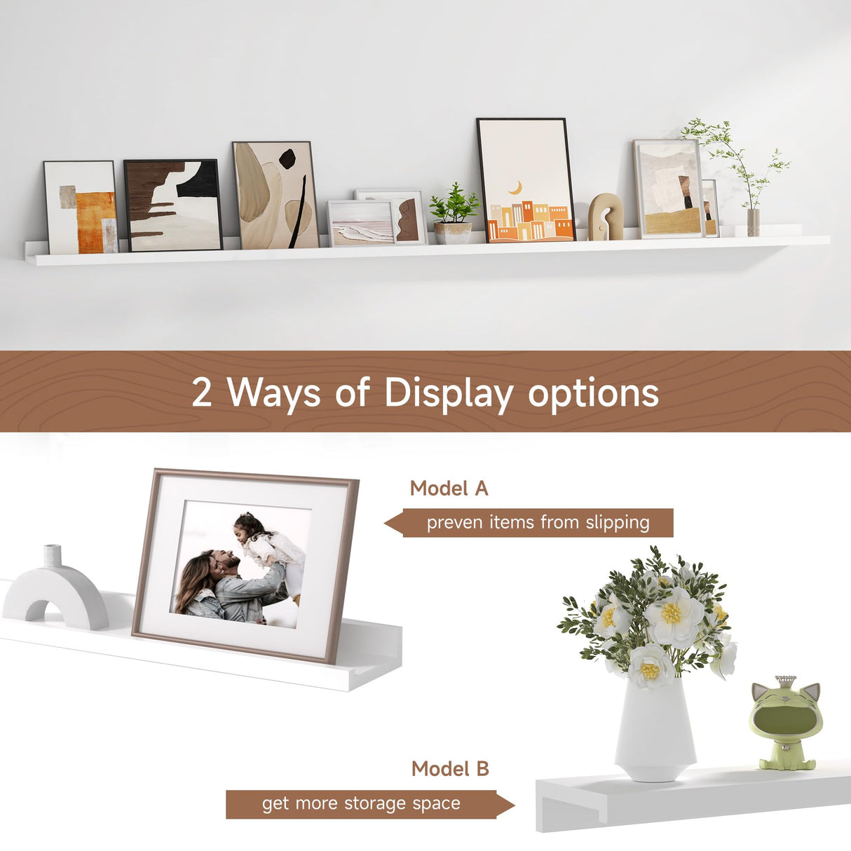 Floating Picture Ledge Shelves for Wall Set of 2, 72 Inches Picture Ledge Shelf with Long Large Nursery Book Shelf for Toys Storage Kids Bookshelf Wall Mounted Living Room Bedroom Decor Frames, White Fun Memories