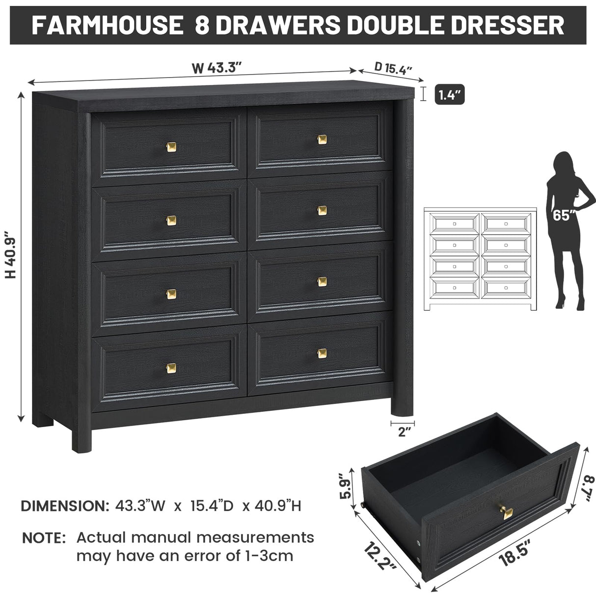 Standifurno Farmhouse Dresser for Bedroom, 41" Tall Black Dresser with 8 Drawers, Soide Rustic Wood Vintage Dressers Chest of Drawers for Bedroom, Living Room, Hallway Standifurno
