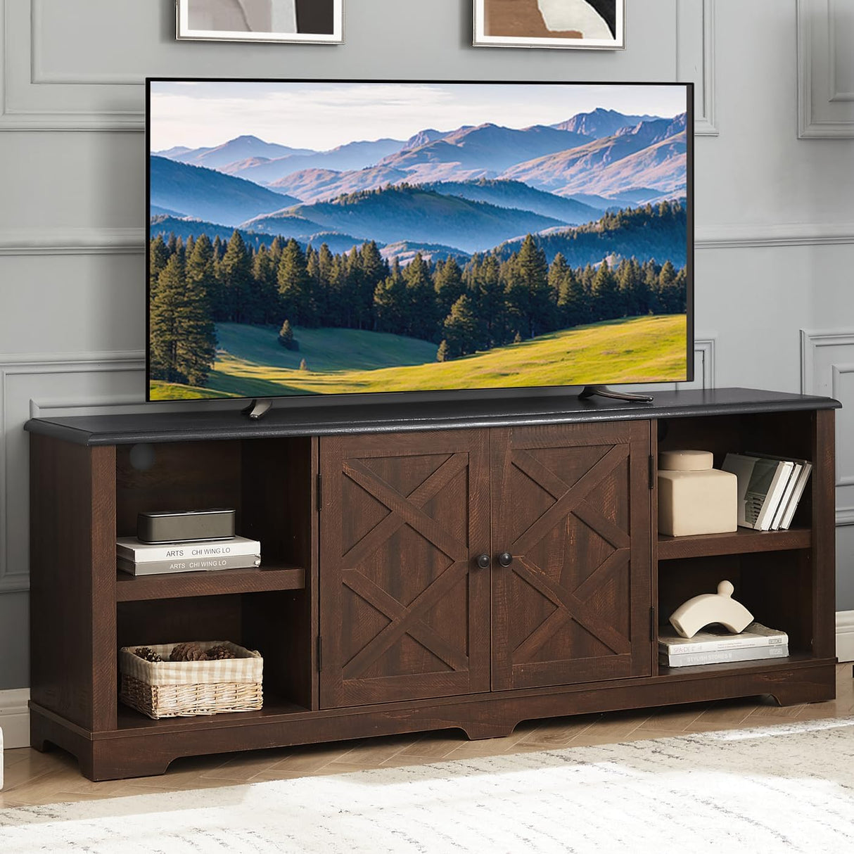 CKEASEAN Farmhouse Entertainment Center for TVs Up to 80 inch, 70" W TV Stand with Open Shelves and Barn Doors, Large Home TV Console Table for Living Room (Espresso, 70 inch Farmhouse TV Stand) CKEASEAN