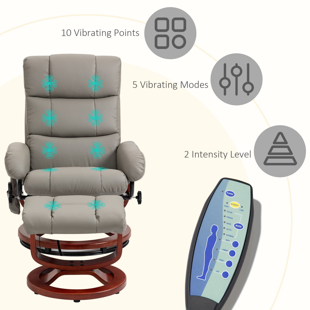 HOMCOM Massage Recliner Chair with Ottoman, Swivel Recliner and Footrest, Faux Leather Reclining Chair with Remote Control, 10 Vibration Point and Side Pocket, Gray HOMCOM