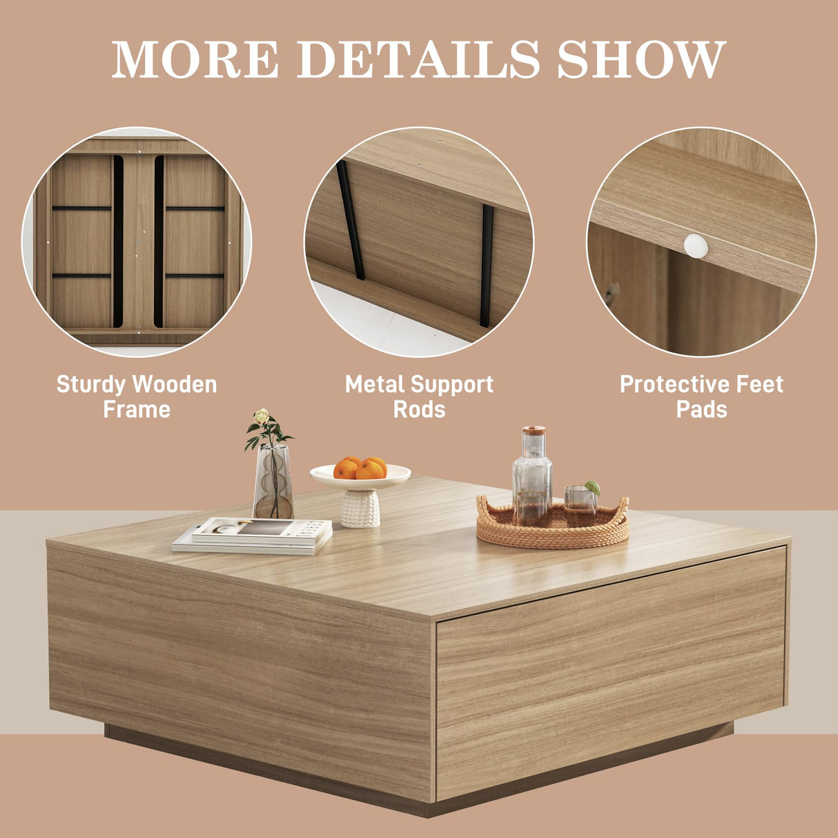 chartustriable 43” Square Coffee Table with Storage, 43" D x 43" W x 17" H Modern Large Square Center Table with 2 Drawers, Wood Coffee Table for Living Room, Light Brown,Bedroom,Light Brown chartustriable