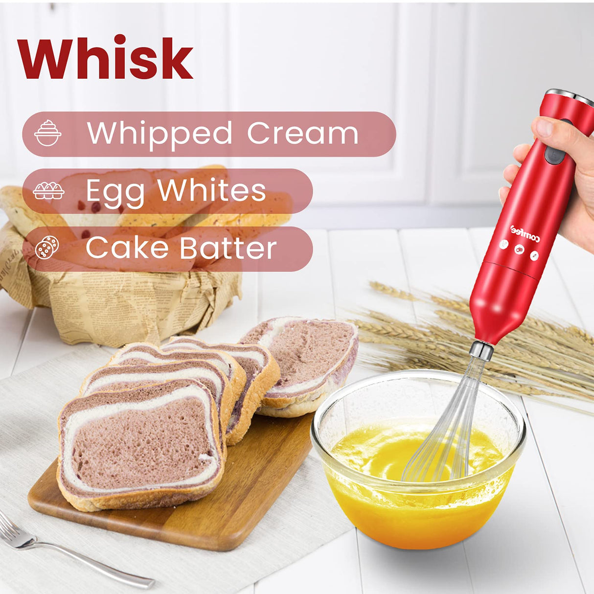 COMFEE' Immersion Hand Blender, Brushed Stainless Steel, 2-Speed, Multipurpose Stick Blender with 200 Watts, 600ml Mixing Beaker and Whisk, Perfect for Baby Food, Smoothies, Sauces and Soups, Red COMFEE'