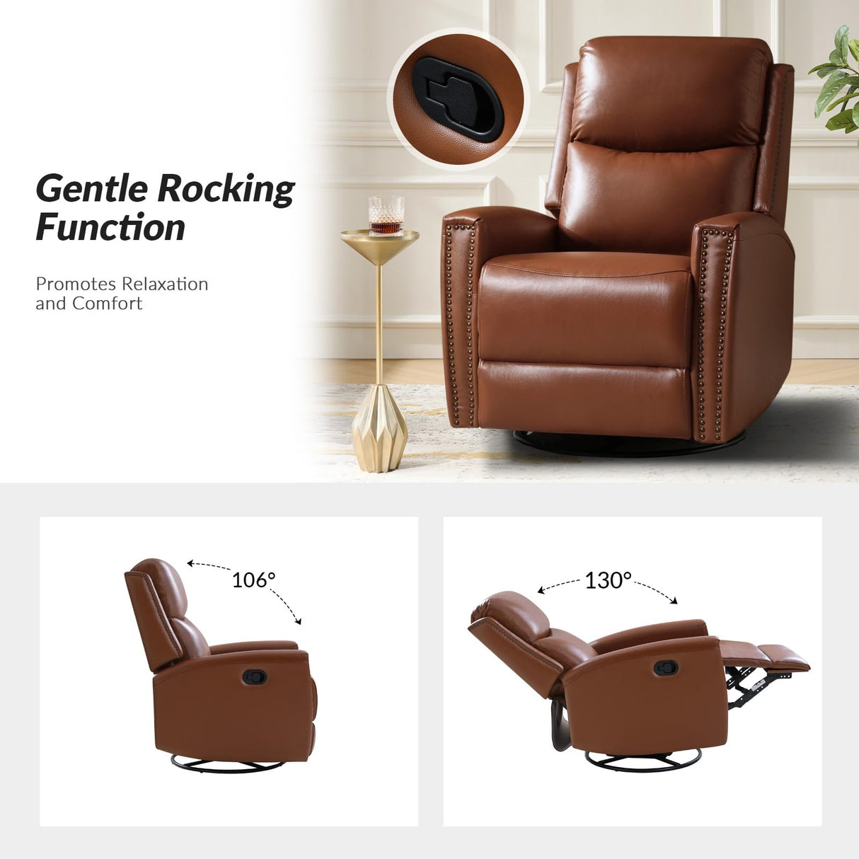 HULALA HOME Genuine Leather Swivel Rocker Recliner, Manual Glider Recliner Chair with Adjustable Backrest & Footrest, Modern Home Theater Sofa Armchair for Living Room Bedroom, Brown HULALA HOME