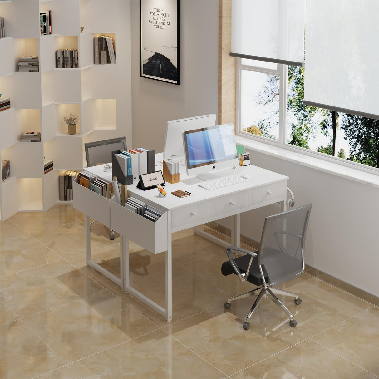 Lufeiya Small White Computer Desk with Fabric Drawers for Home Office Bedroom, 40 Inch Vanity Desk with Drawer Storage and Side Pouch, Study Writing Table, White Lufeiya