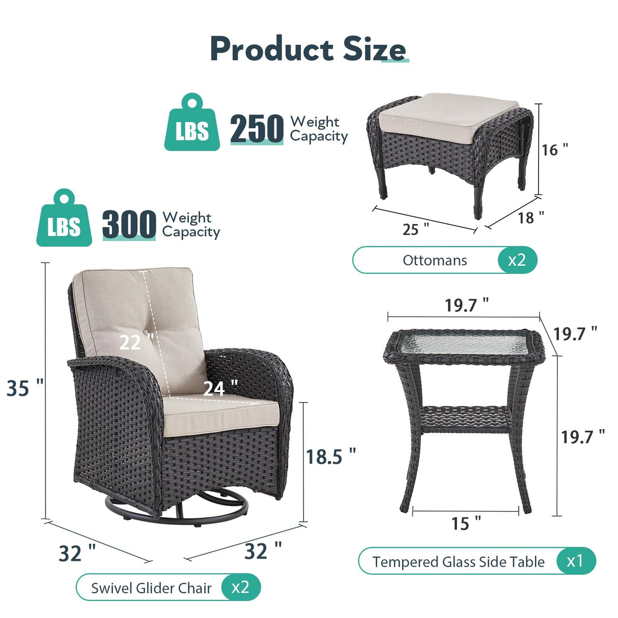 Artfurniz Outdoor Swivel Glider Rocker Chairs Set- 5 Piece Patio Furniture Set, Patio Bistro Sets with Tempered Glass Side Table and 2 Ottoman, for Balcony, Porch - Black Wicker Beige Cushion Artfurniz