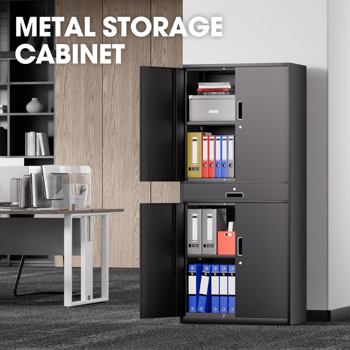 DNA MOTORING 71'' Metal Storage Cabinet, Locking Tool Cabinet with 1 Drawer and Adjustable Shelves, Lockable Heavy Duty Metal Locker for Garage,Office,Home,Gym, Black, TOOLS-00629-BK-BK-A DNA MOTORING