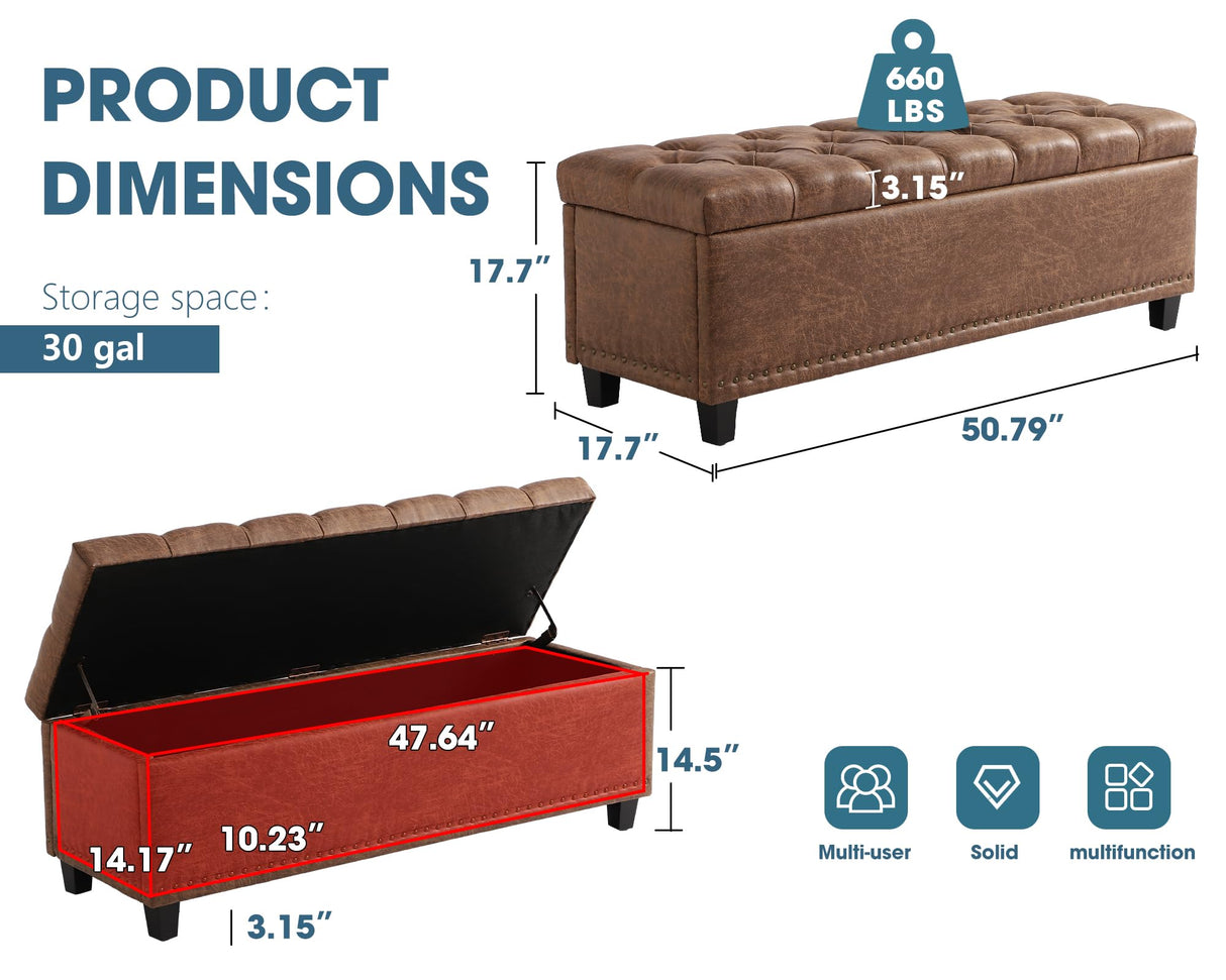 Grepatio 51" Ottoman Storage Benches, 30 Gallons End of Bed Storage Bench, Large Rectangular Ottoman, Button-Tufted Ottomans with Storage for Living Room Bedroom, Foot of Bed (Brown) Grepatio