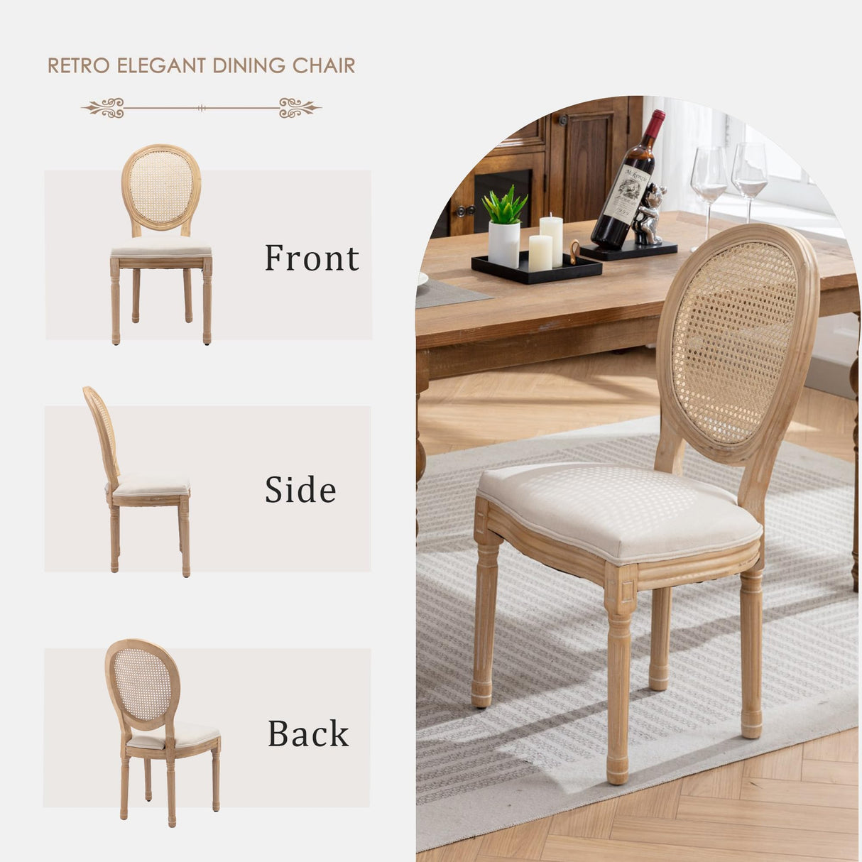 HMFULE French Country Dining Chairs Set of 4, Rattan Dining Chair with Linen Fabric and Carved Solid Wood Frame Farmhouse Dining Room Chairs for Living Room, Kitchen, Restaurant Rattan Beige HMFULE