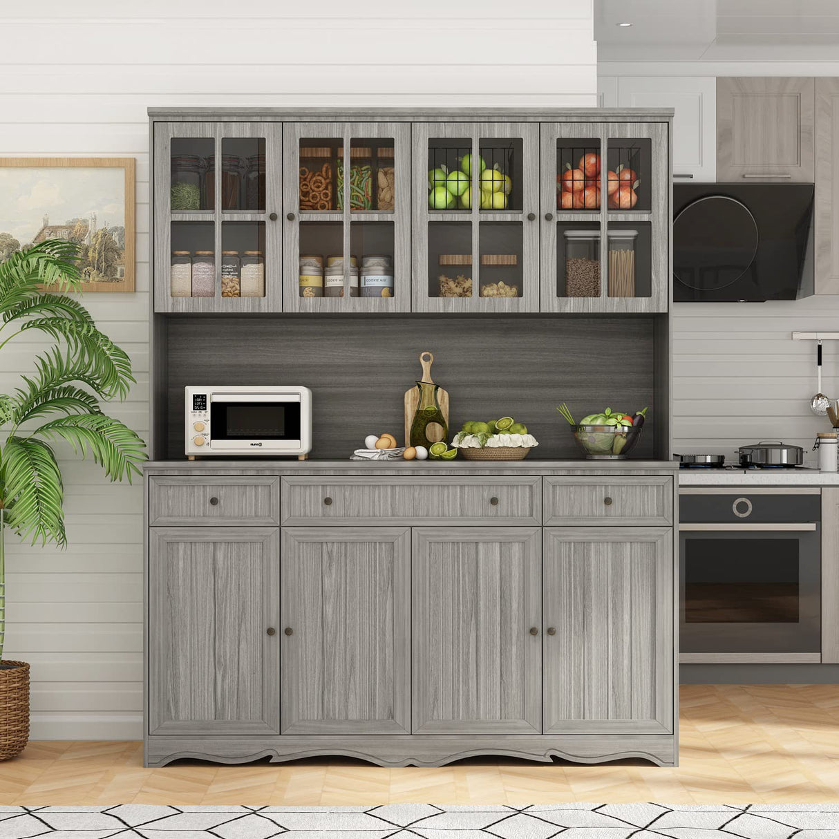 AIEGLE Large Kitchen Hutch Cabinet, Storage Cupboard Pantry with Glass Doors, Drawers & Countertop, Floor Kitchen Pantry Storage Cabinet Utility Buffet, Wooden Grey (61.2" L x 18.1" W x 75.9" H) AIEGLE