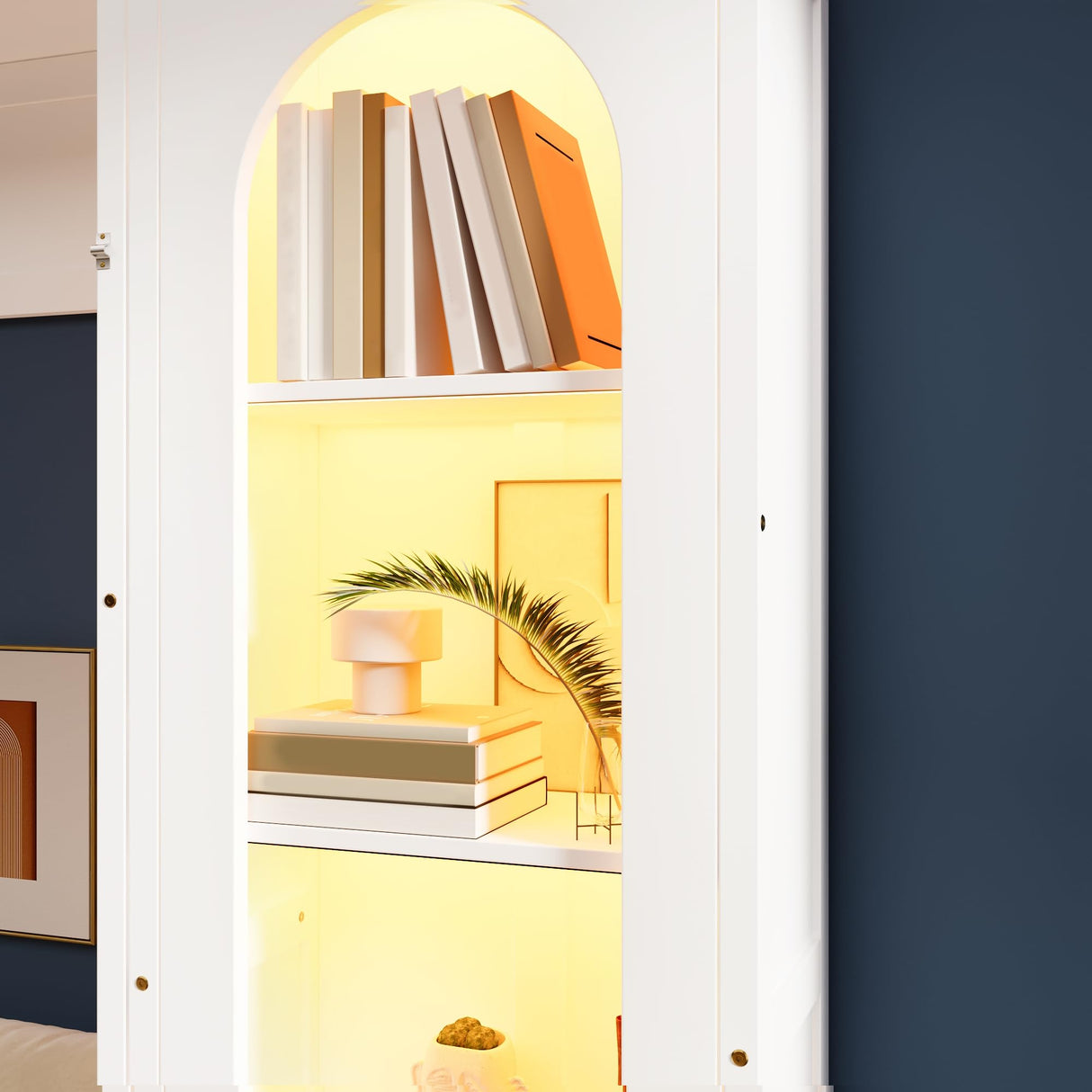 Queen Murphy Bed with Desk and Storage & LED Light, Solid Wood Hideaway Murphy Wall Bed with Storage Bookcase Shelves and Drawers for Adults (White,Queen) MERITLINE