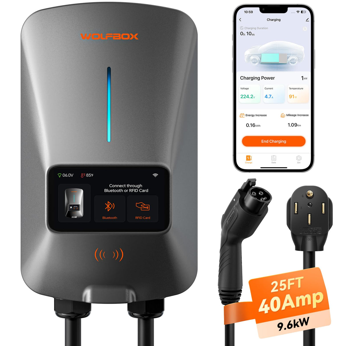 WOLFBOX Level 2 EV Charger 40 Amp - Smart Display, RFID Card, 25ft Cable, Outdoor/Indoor, NEMA 14-50 EV Charger Level 2, WiFi Enabled Electric Car Charger, 240V Electric Vehicle Charging Stations WOLFBOX