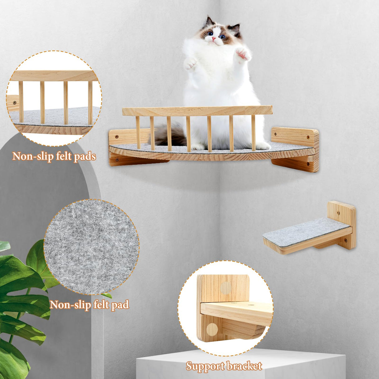 Cat Wall Shelves with 4 Step Scratch Post & Hammock Bed Wooden Floating Climbing Furniture for Sleeping and Playing Indoor Cat Climbing Shelf Corner Shelf Perches Support 20 LBS Housense