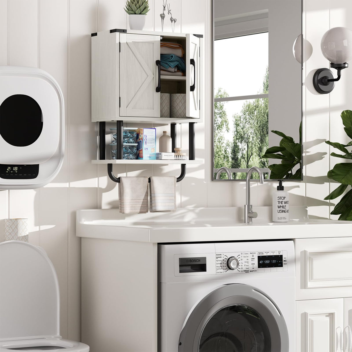 AmazerBath Bathroom Wood Wall Cabinets, Farmhouse Medicine Cabinets Organizer with Towel Bar, Hanging Small Storage Cabinet with Adjustable Shelf, 2 Doors Wall Organizer Cabinet for Small Spaces AmazerBath