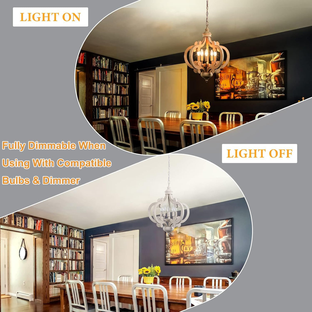 Wooden Farmhouse Chandelier, 5 Lights Antique Distressed White Cottage French Country Chandelier Ceiling Light Fixture Vintage Rustic Pendant Light for Kitchen Island Living Dining Room Bedroom Foyer YCZHCC
