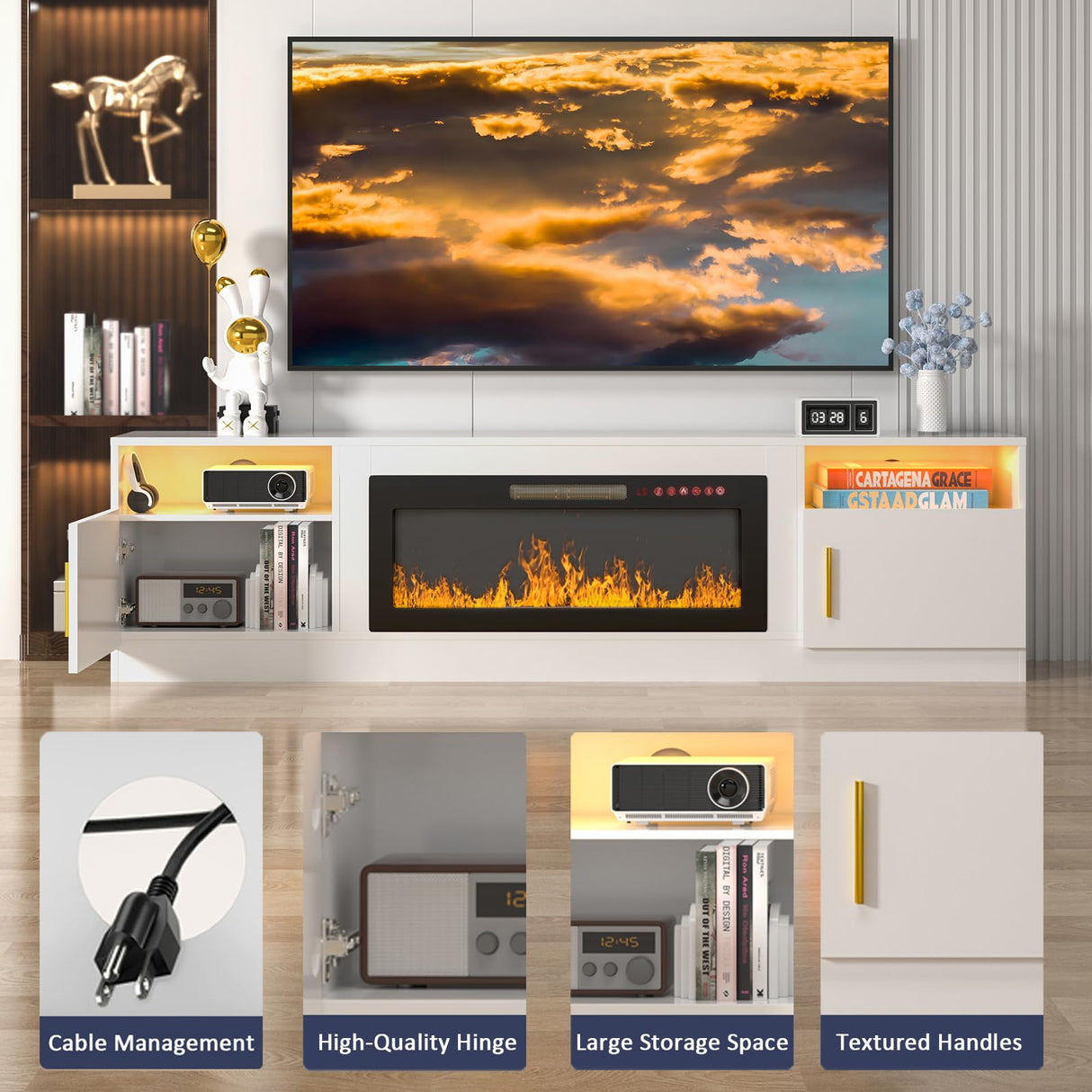 VENDORZ TV Stand with Fireplace, 36" Fireplace TV Stand LED Entertainment Center with Fireplace, 80 Inch Modern Electric Fireplace TV Stand for Living Room, White TV Stand with Fireplace Up to 90" TVs VENDORZ