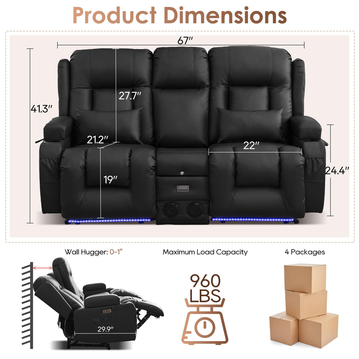 TUNYI Wall Hugger Power Loveseat Recliner - Reclining Loveseat with Console Theater Seating RV Recliner Sofa with USB/Outlet/Speaker/Cup Holder/LED Light/Storage (Black) TUNYI