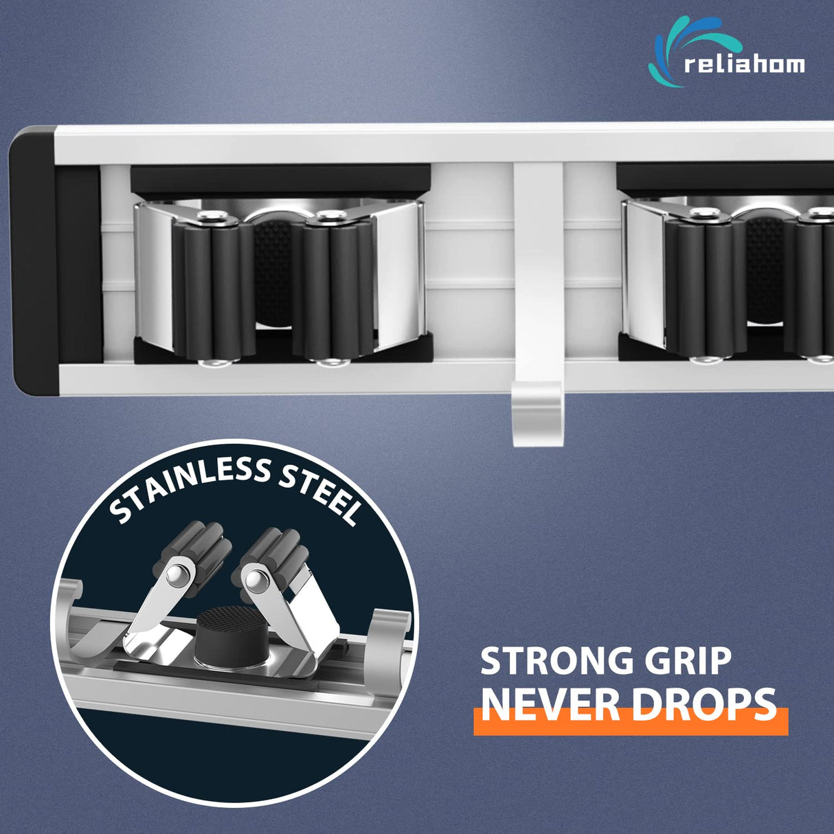 reliahom 2 Pack Broom Holder Wall Mount Mop and Broom Hanger Wall Mounted Garage Storage Rack Kitchen Garden Tool Organizer (5 Racks with 4 Hooks, Black) reliahom